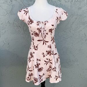 Wayf Linen Blend Fit & Flare Mini Dress Blush Pink and Brown Floral Corset Top S